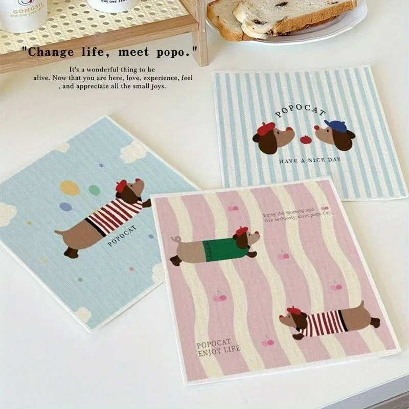 1pc Printed Rag Cleaning Kitchen Supplies Dishwashing Cotton Compressed Wood Pulp Cotton Sponge Wipe Fish Scale Rag
