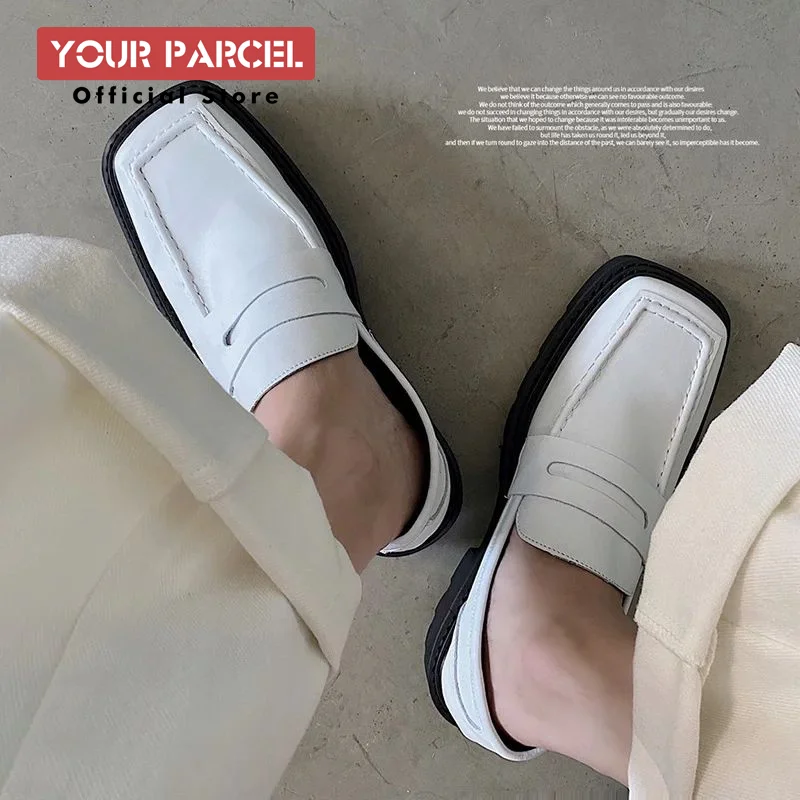 New Japanese men's shoe runway style trendy Korean style square toe versatile white leather shoes