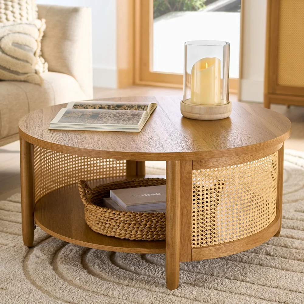 Modern Rattan Coffee Table with Open Storage and Display Light Honey Finish Round Shape Living Room Indoor Use