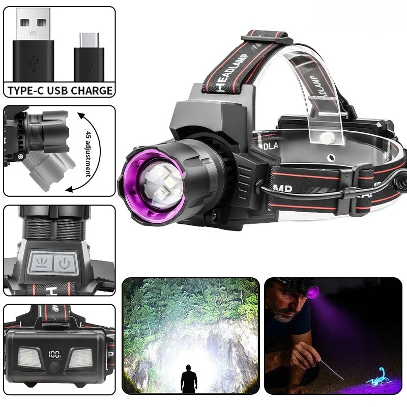 

Мощный светодиодный налобный фонарь 395 нм, УФ-свет, функция масштабирования, водонепроницаемый USB перезаряжаемый налобный фонарь для рыбалки, кемпинга, охоты в скорпионе