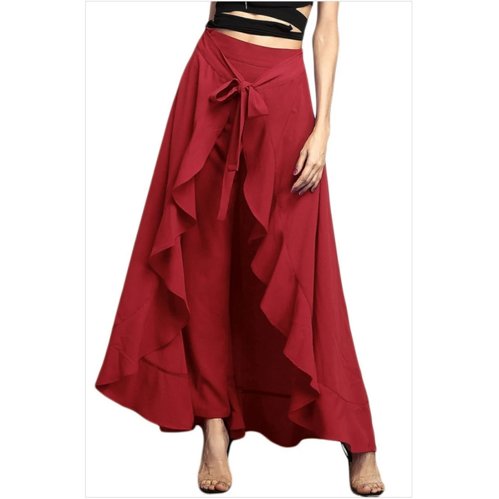 Women Palazzo Pants 2021 Causal Ruffle Drawstring Trouser Elegant High Waist Irregular Loose Pure Color Autumn Female Pant Skirt