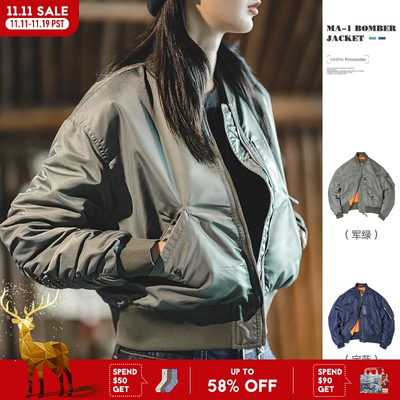 

Maden Women's MA-1 Cotton-padded Cropped Jacket Thickened Windproof Casual Winter Outwear Blue Baseball Bomber Coats Female Tops