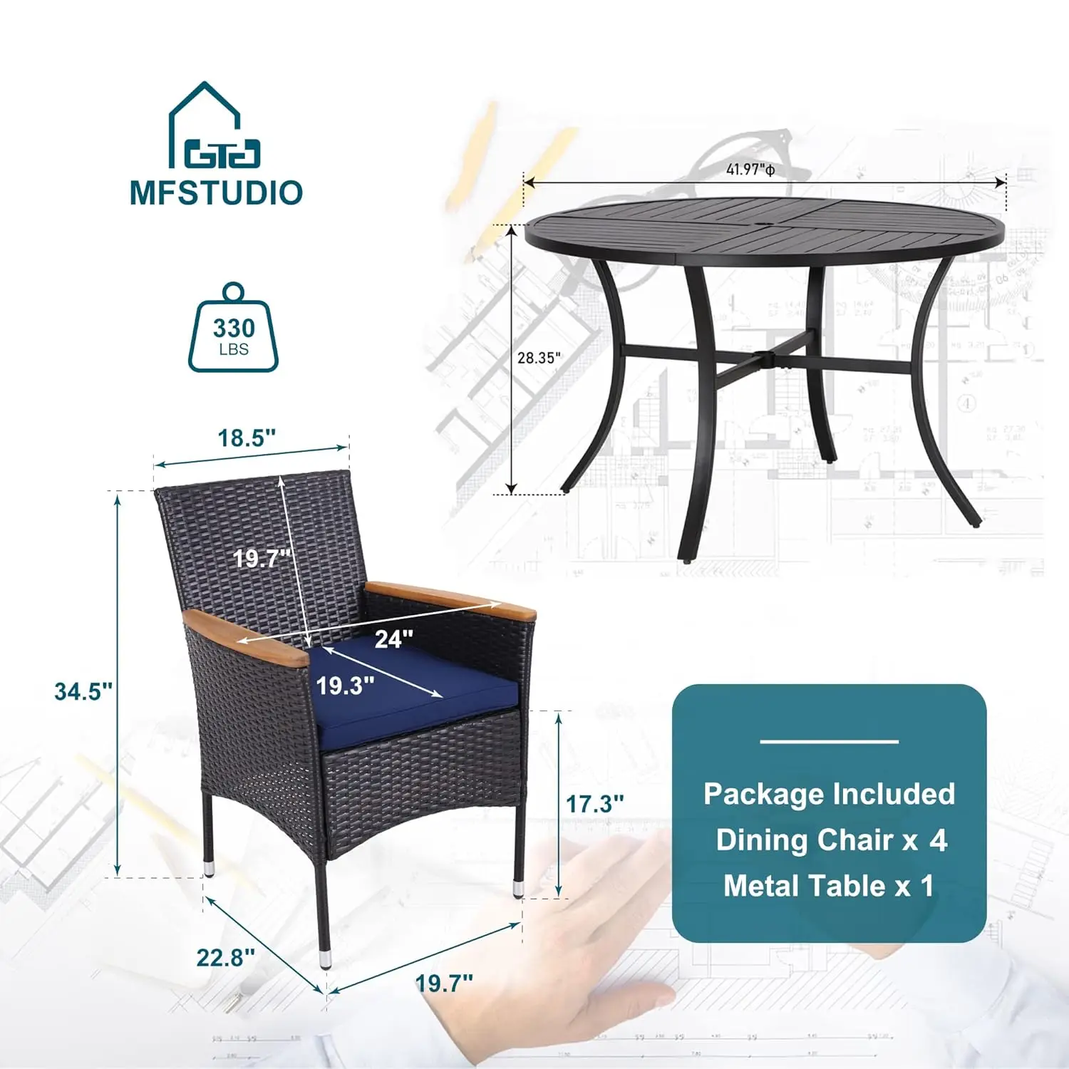 Patio Dining Sets for 4, Patio Table and Chairs Set, Outdoor Metal Round Table with Wicker Chairs, Customized