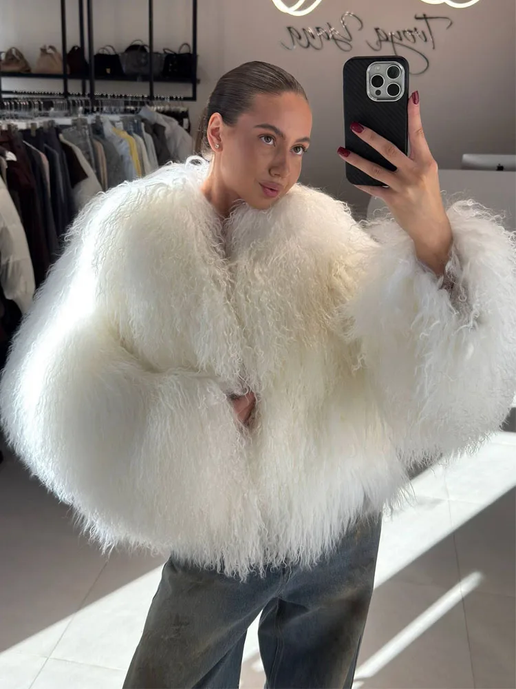 BKQU Fashion Luxury Cropped Faux Fur Coat Women's Winter Loose Thicked Warm Fluffy Cardigan Jacket Classic Solid Daily Outerwear
