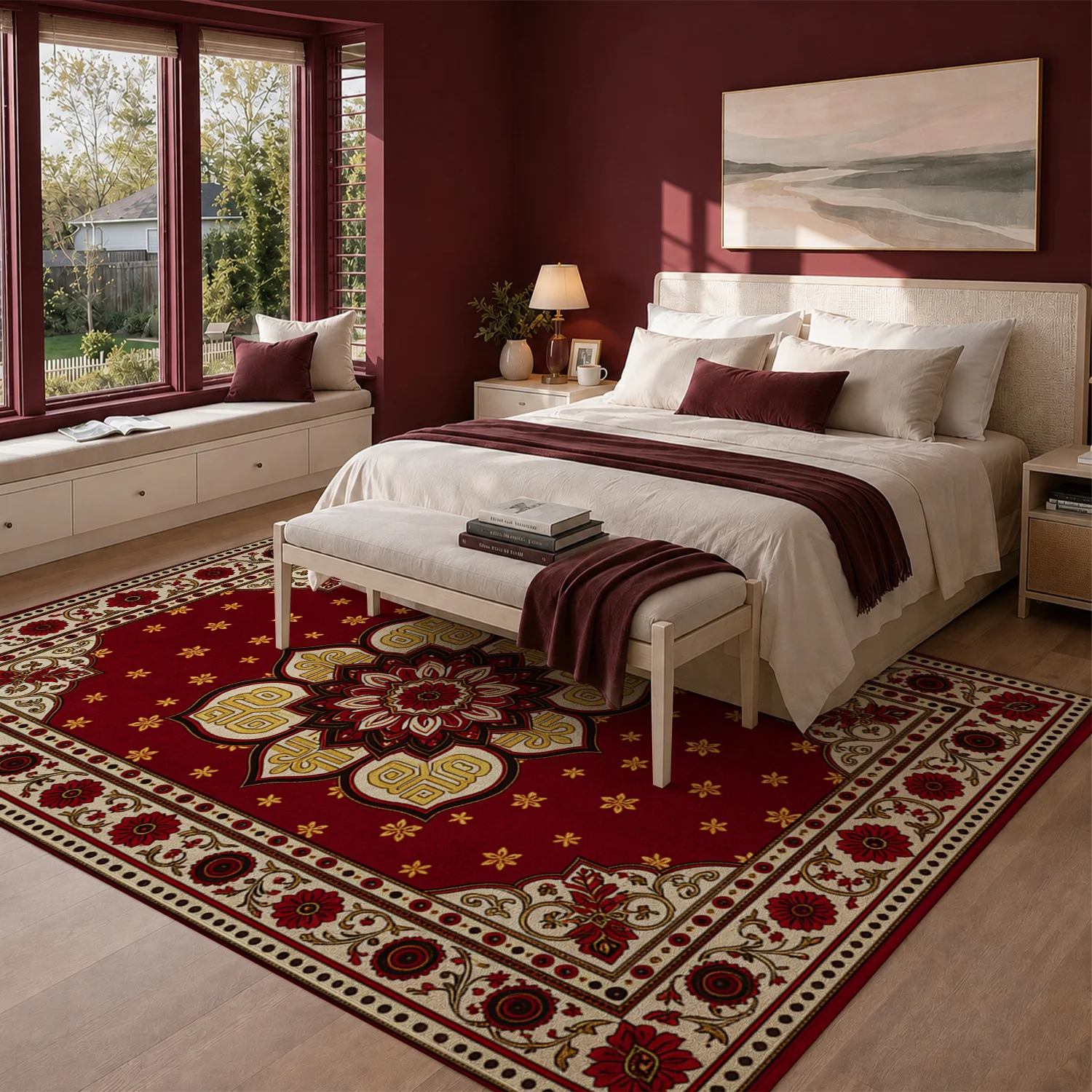 Ornate Red Gold Floral Mandala Pattern Velvet Area Rug Machine Washable for Living Room Bedroom Dining Room Entryway, Ideal for Halloween Thanksgiving Christmas New Year Home Decor