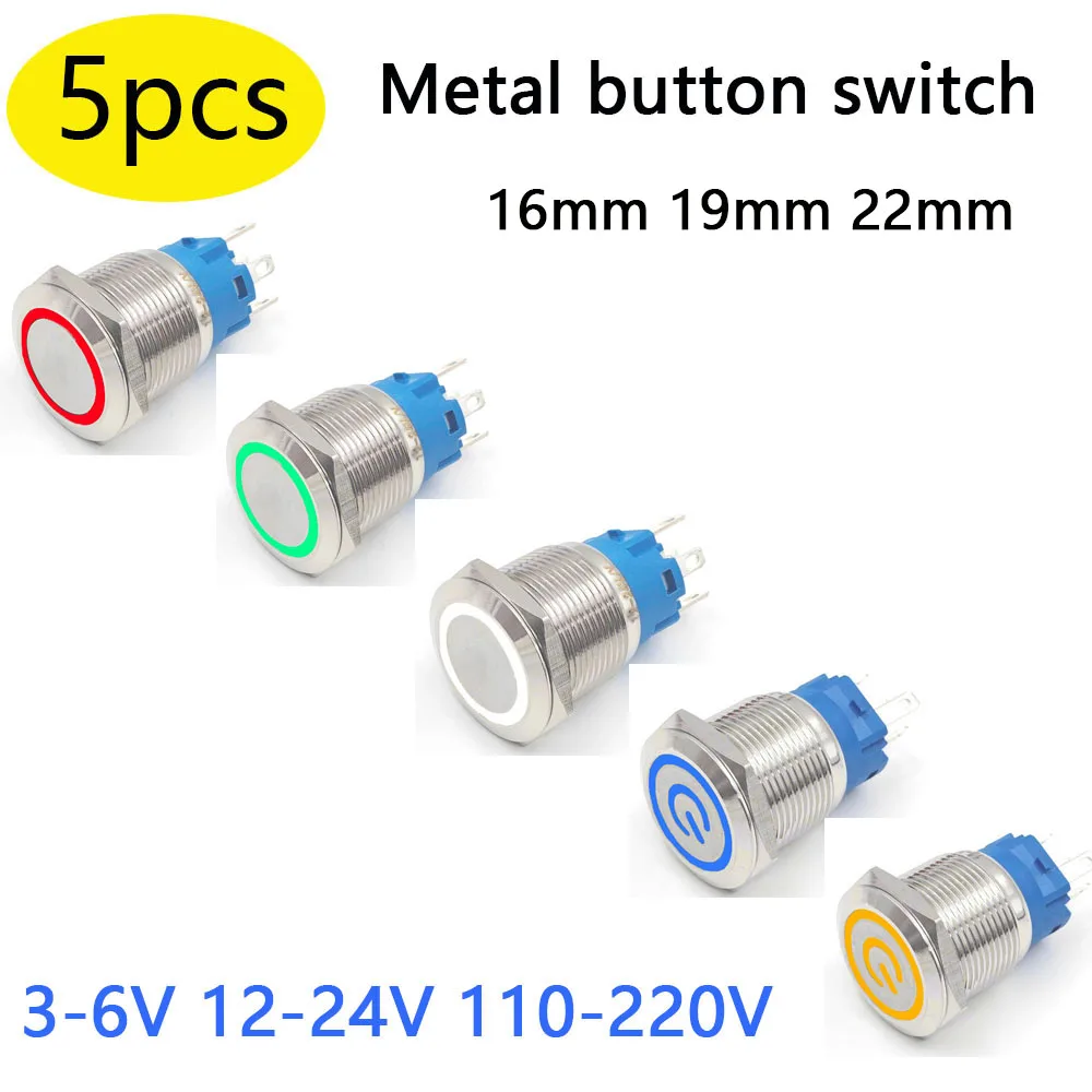 

5pcs Car Engine Power Switch Waterproof Metal Push Button On Off LED Light Momentary Latching 5V 6V 12V 24V 110V 220V Red Blue