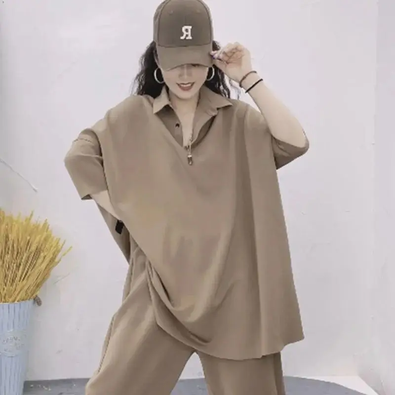 Fashion T Shirts Sets  Women Casual Loose Oversized Polo Shirt Pants Two Piece Set Korean Style Tshirt Suits Aesthetic Clothes