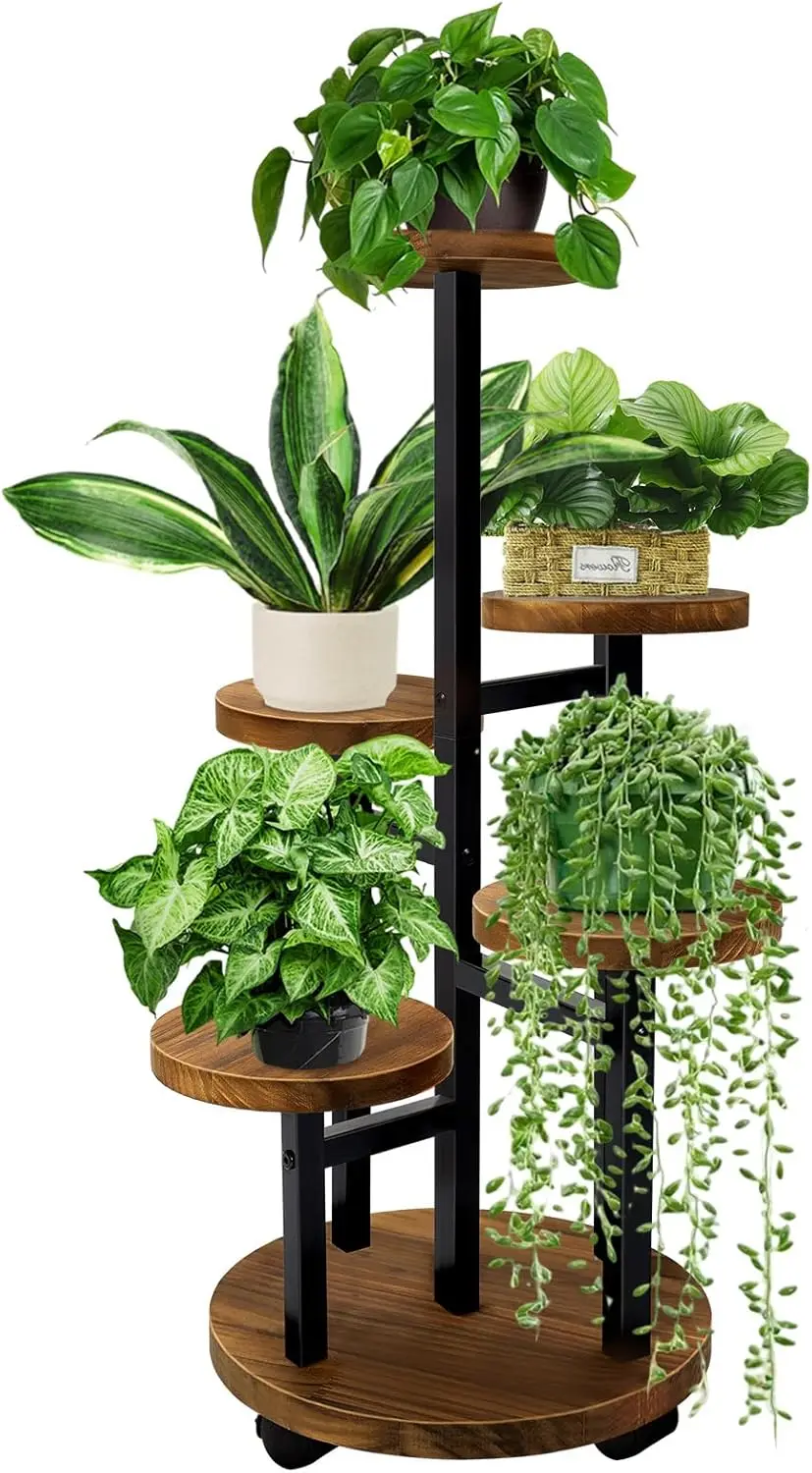 

5-Tier Metal Wood Plant Stand with Wheels, Tall Corner Shelf for Indoor Plants in Living Room Bedroom, Brown