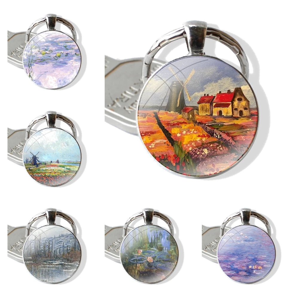 Keychain Glass Cabochon Metal Pendant Classic Men's Women's Keyring Claude Monet Impressionism French