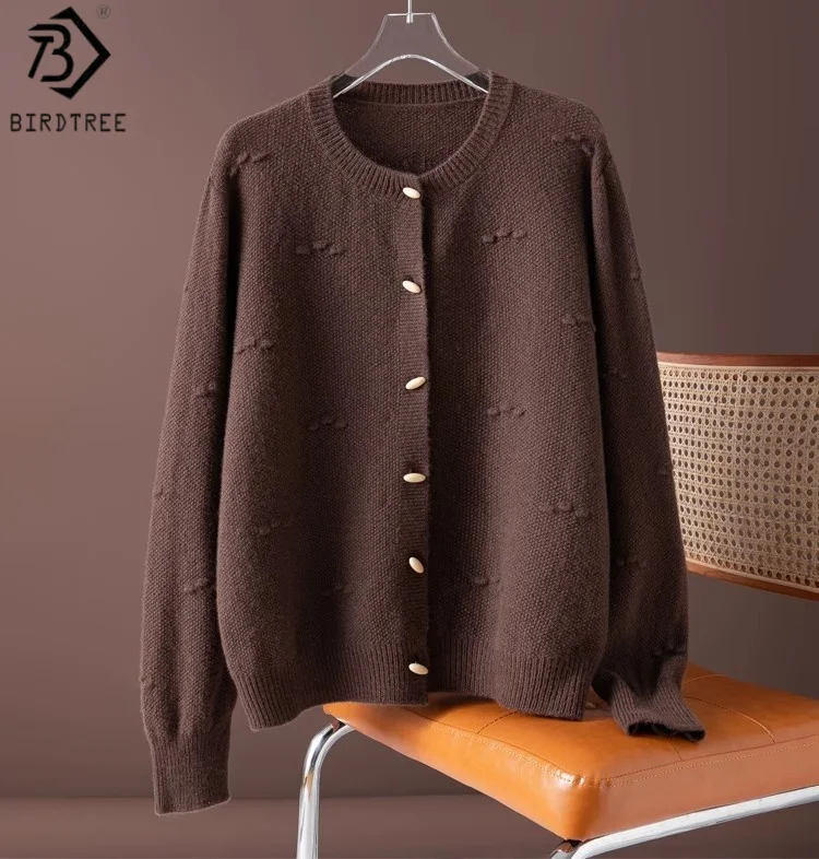 

Birdtree 100% Sheep Wool Knited Chocolate Cardigan,Woman O-neck Full Sleeve Coat,Autumn Single Breasted Warmth Tops T59720JF