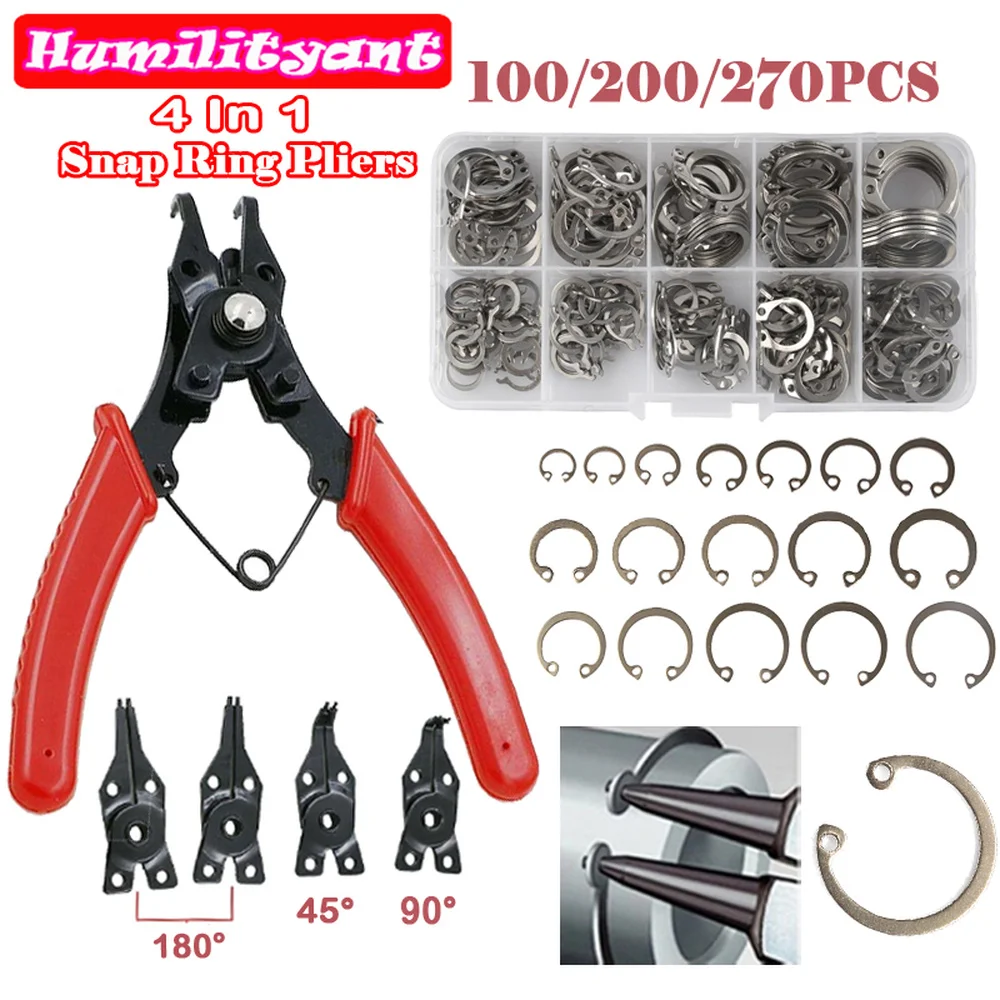 

270/200/100PCS Circlip Ring External Circlip Set with 1PC Red 4 In 1 Snap Ring Pliers