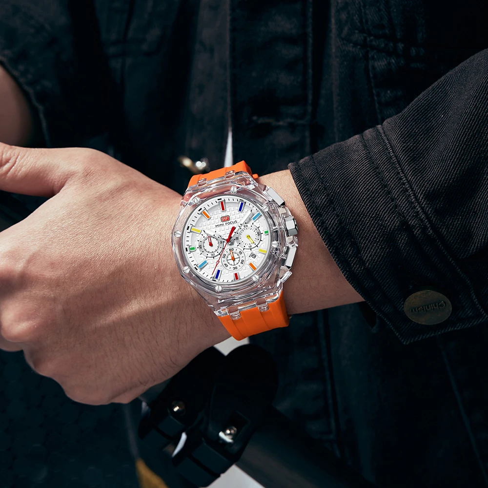MINI FOCUS Transparent Case Mens Watches Multifunctional Casual Quartz Watch Waterproof  Wrist Watch with Luminous Hands 0616G