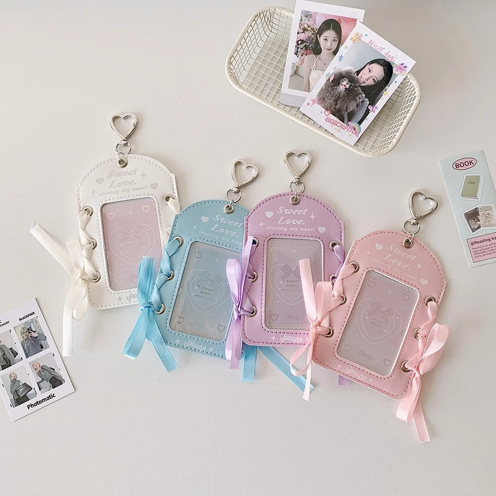 DIY Ballet Ribbon Korean Photocard Holder PU Card Cover With Keychain Idol Card Display Protector Picture Hanging Decoration