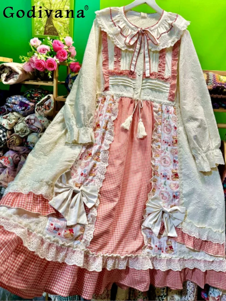 

Spring 2026 Elegant Long Sleeve Sweet Bow Print Plaid Dress Fashion High Waist A-line Loose Peter Pan Collar Princess Dresses