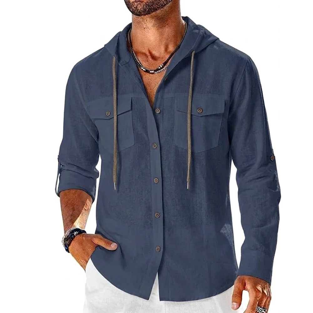 Mens Casual Cotton Linen Henley Shirt Long Sleeve T-shirt Lightweight Hooded Top Button Beach Tee Hawaiian Shirts for Men