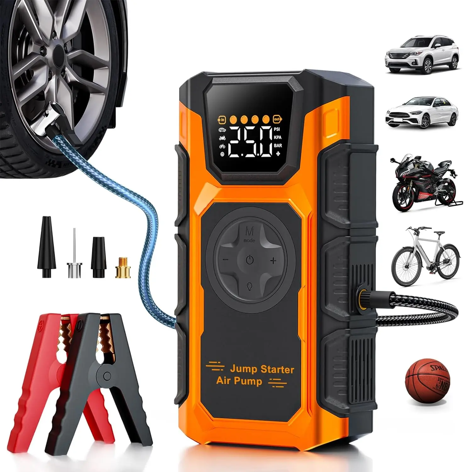 

Portable Tire Inflator 150 PSI Cordless Air Pump for Car, Bike, Motorcycle with Gauge & Auto Shut-off, 4500A Jump Starter & LED