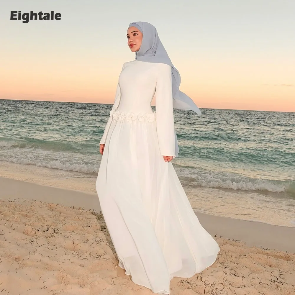 

Eightale Arabic Wedding Dress O-Neck Customized Ivory Bridal Gown 3D Flowers Long Sleeves Bride Party Dress Vestido De Novia