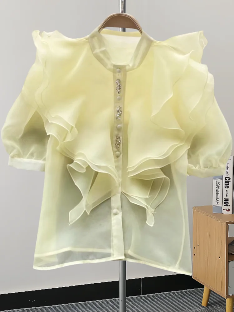 EWQ Fashion Ruffles Summer Shirt For Women Sunscreen Short Sleeves Single Breasted Solid Color Tops Casual 2024 New 27C595