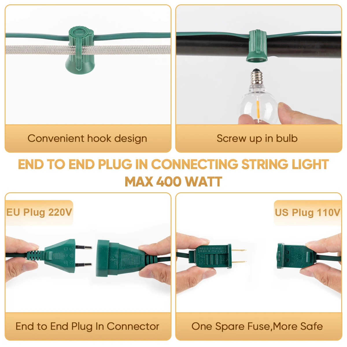 Cable de luz exterior UE 220V EE. UU. 110V Cable de luz de cadena E12 enchufes C7 Base de lámpara Connectable decoración de fiesta boda guirnalda de calle