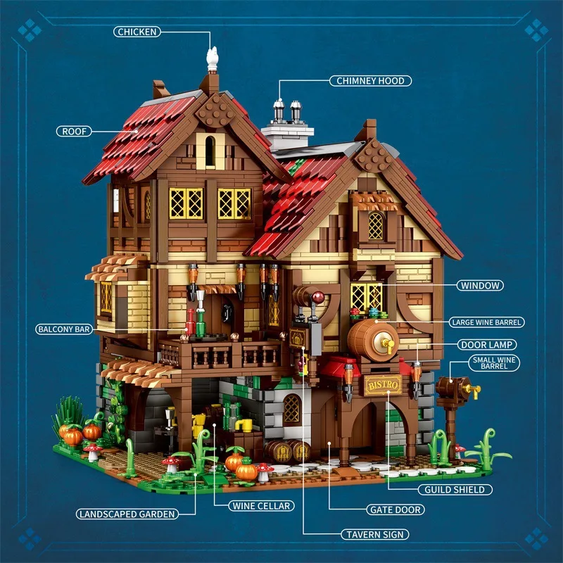 Mittelalterliche Taverne MOC 66018 Inn Architektur Ziegel Holzhaus Modulare Modellbausteine Geschenkideen DIY Spielzeug Kit Kinder Erwachsene