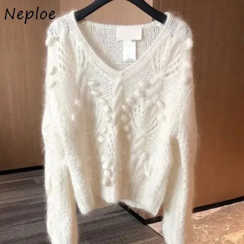 Neploe Lazy V-neck Mohair Sweaters Women 2024 Autumn New Mid-length Tops Mujer Y2k Long Sleeve Loose Knitted Pullover