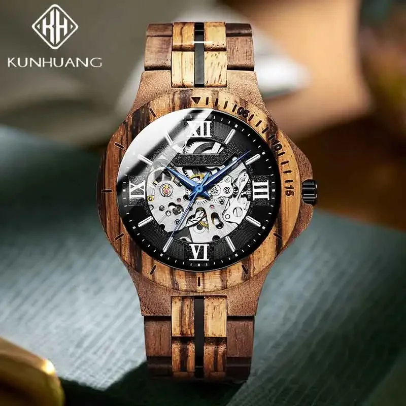 KUNHUANG Classic Business Men Watch Automatic Mechanical Watch Luxury Hollow Skeleton Dial Wooden Clock Natural Wood Men Watches