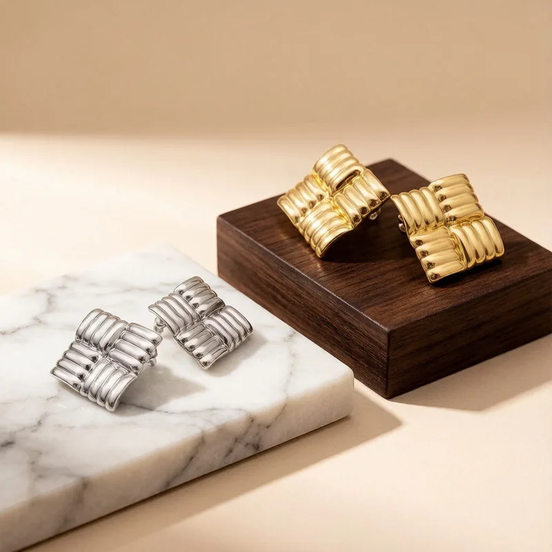 Stainless Steel Textured Stud Earrings Wrinkled Geometric Block Minimalist Statement Ear Jewelry For Women Daily Wear