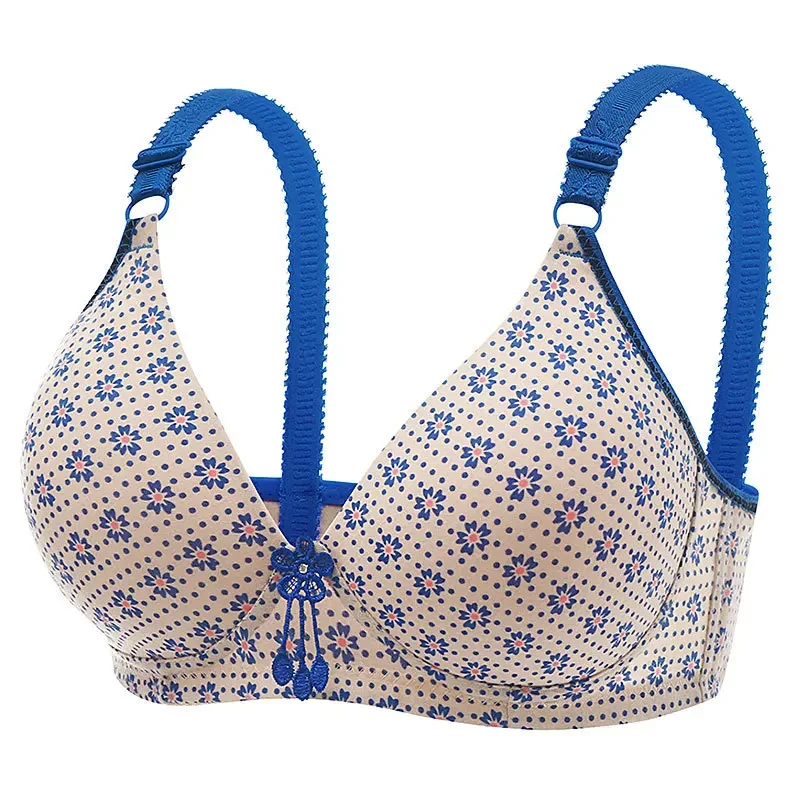 Women Printed Wireless Mom Bra Thin Cup Comfort Underwear Back Three Rows Buckle Brassiere for Daily
