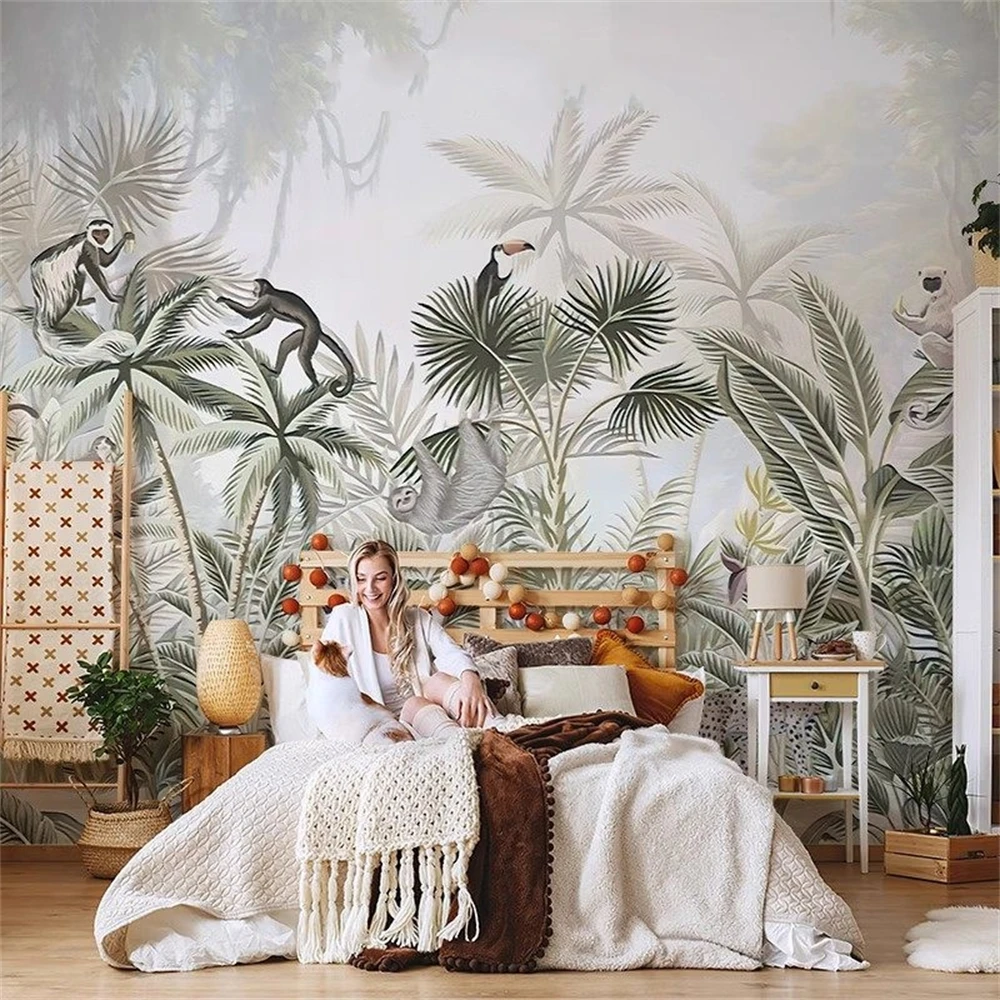 Custom Ancient Tropical Jungle Animals monkey wallpaper living room Peacoark Palm Trees Forest wall paper 3D mural wall stickers