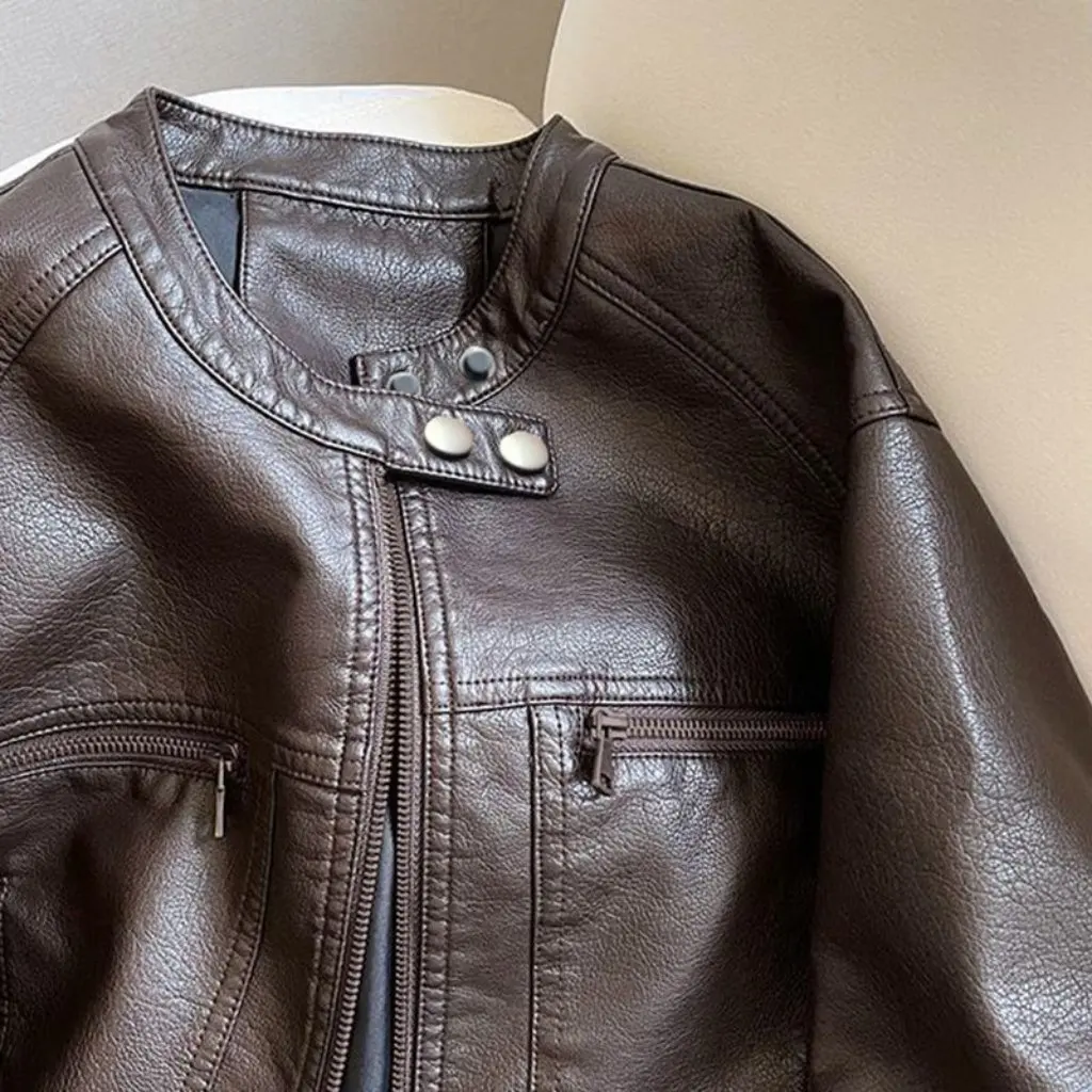 เสื้อแจ็คเก็ตหนังผู้หญิงทรงหลวมสไตล์เรโทรแบบนักขี่มอเตอร์ไซค์ แฟชั่นฮ่องกง ฤดูใบไม้ผลิ ฤดูใบไม้ร่วง สินค้ามาใหม่ ดีไซน์หรูหรา มีเอกลักษณ์