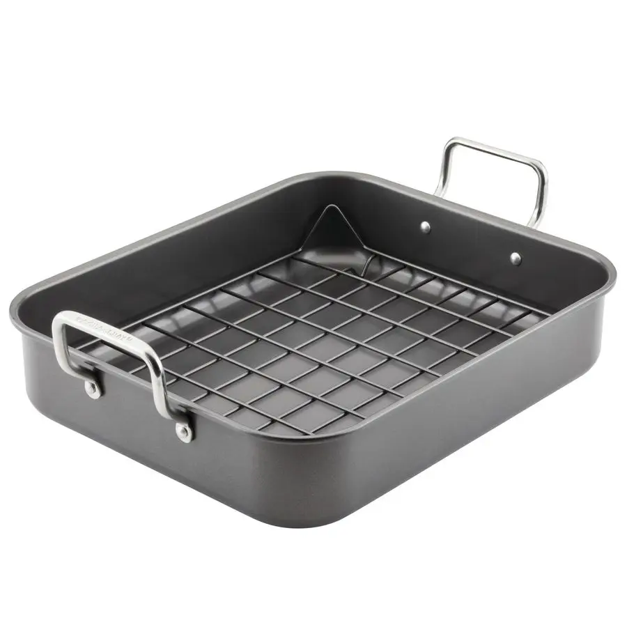 

Ray Bakeware Nonstick Roaster Roasting Pan with Reversible Rack, 16.5 Inch x 13.5 Inch, Gray