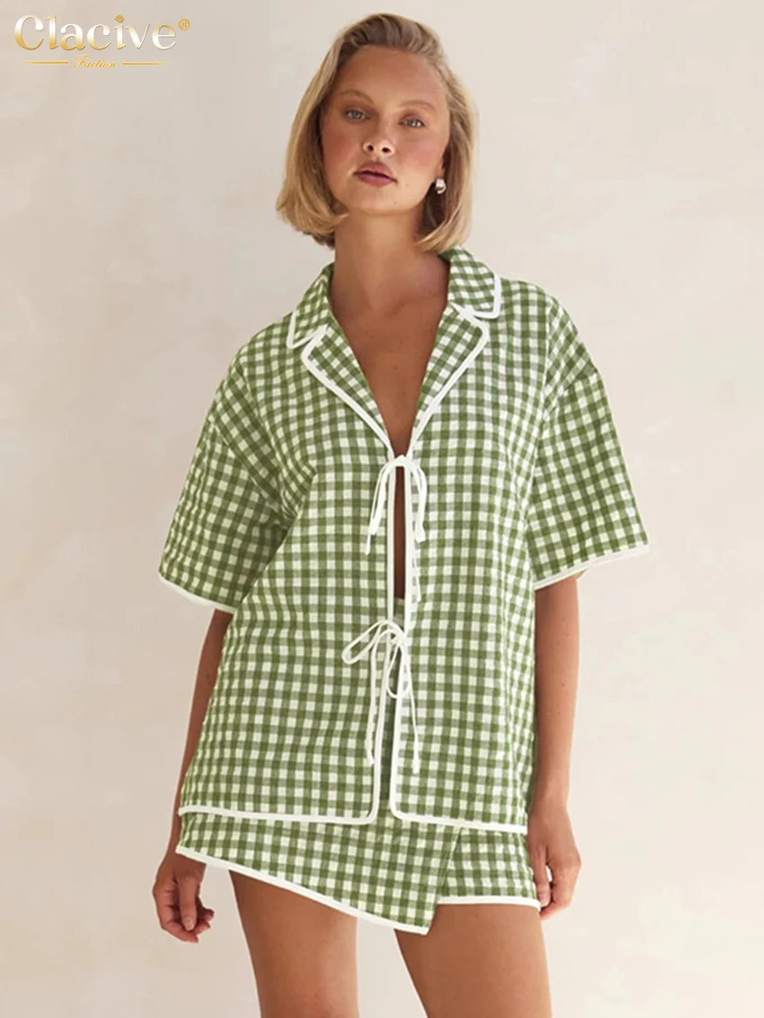 Clacive Summer Loose Green Plaid 2 Pieces Set For Woman 2025 Sexy Short Sleeve Shirt With High Waist Mini Skirt Set Female