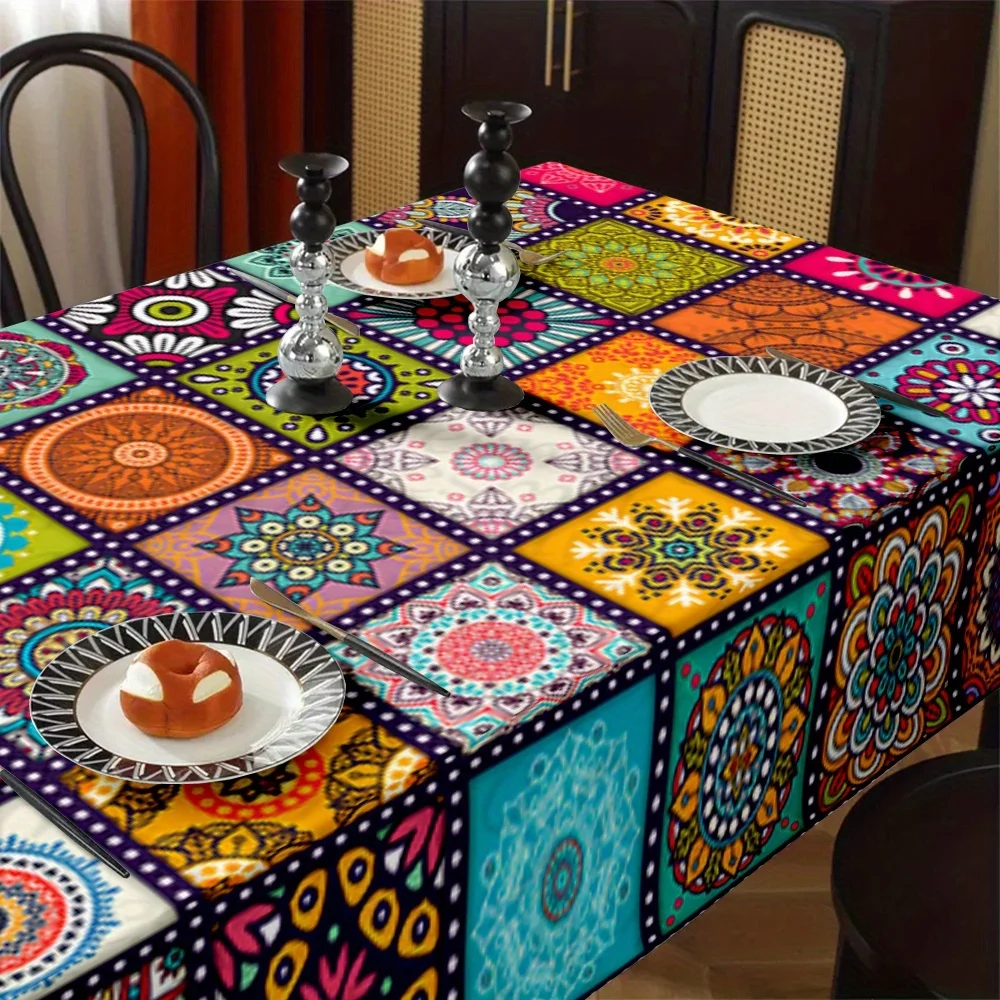 Exquisito mantel con estampado de estilo bohemio, adecuado para picnics, campamentos, bodas, fiestas, festivales, decoración retro del hogar, decoración de mesa de comedor, complementos