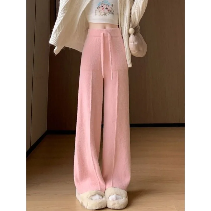 الموسم الجديد المرأة عالية الخصر واسعة الساق محبوك السراويل المستقيمة فو المنك المخملية الرباط لينة مريحة بنطلون TT802 #3