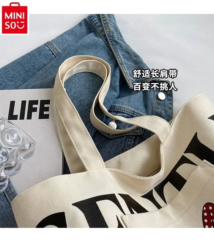 MINISO 2024 New Cartoon Mickey High Quality Large Capacity Canvas Shoulder Bag Student Fashion Casual Versatile Tote Bag