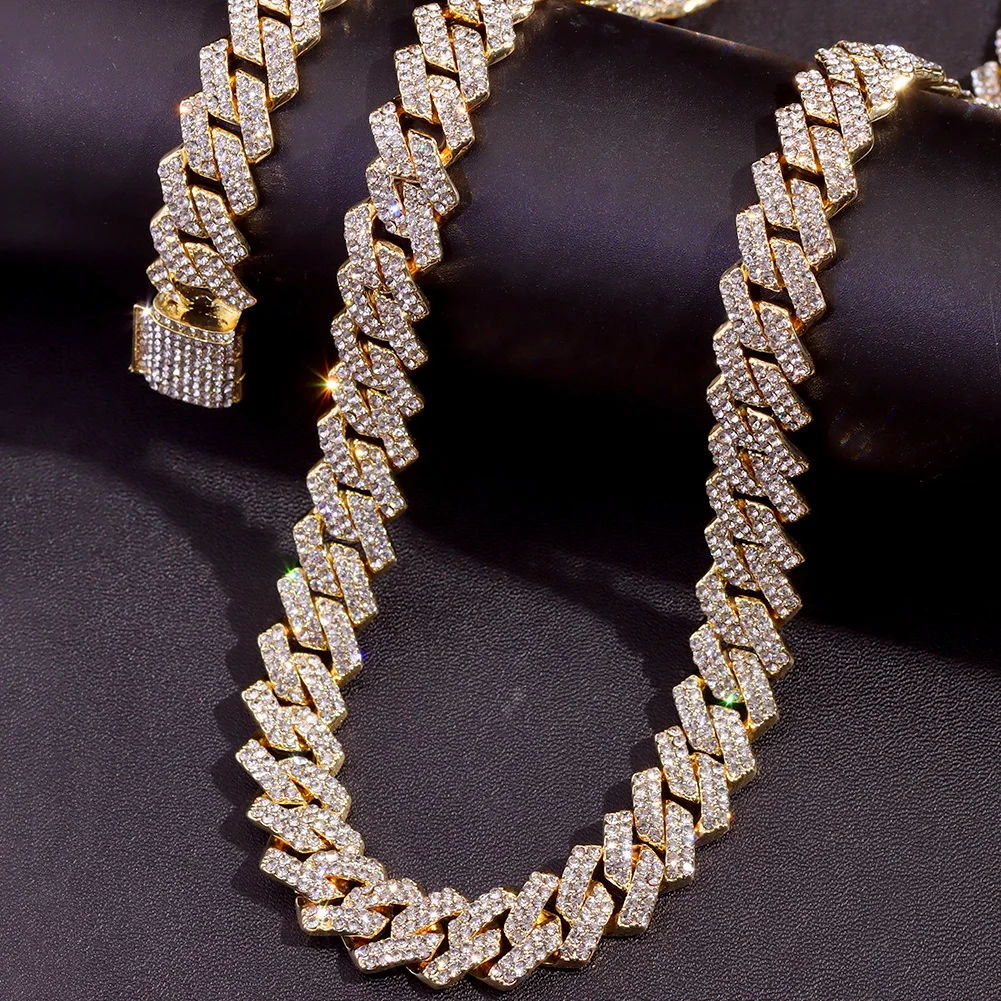 14MM Iced Prong Link Cuban Chain Necklaces for Men Women High Quality Rhinestones Chunky Cuban Chain Punk Jewelry Drop Shipping