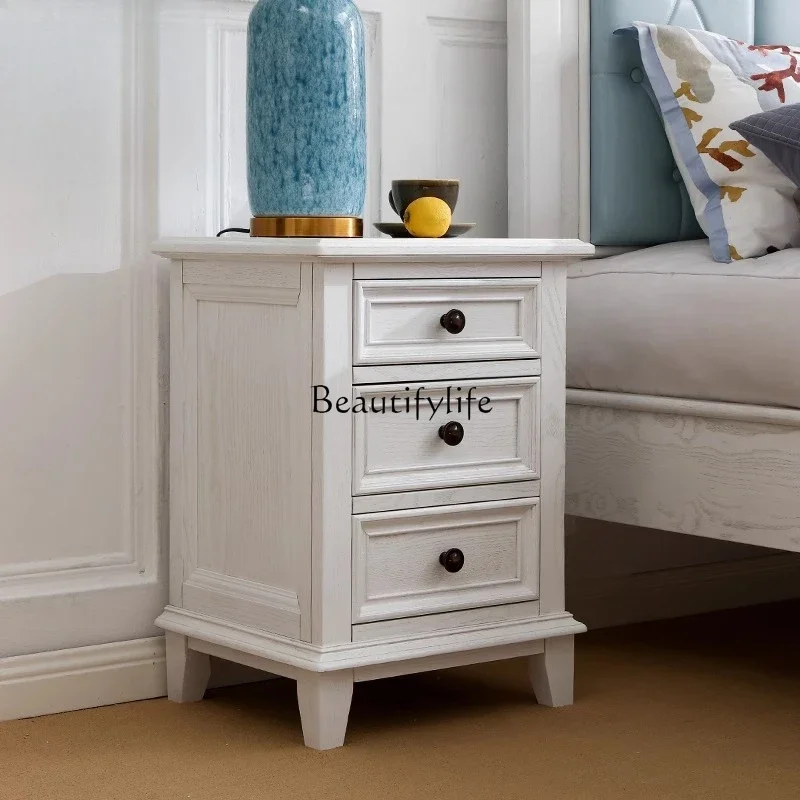 

FG10*American country ash wood new white three-drawer bedroom bedside cabinet