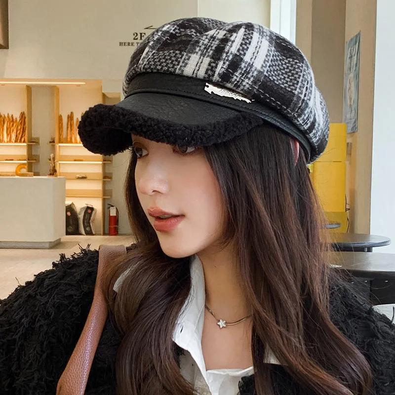 Winter Travel Women Cold-proof Octagonal Hat Vintage Checked Lamb Fleece Newsboy Cap Autumn Female Versatile Woolen Beret