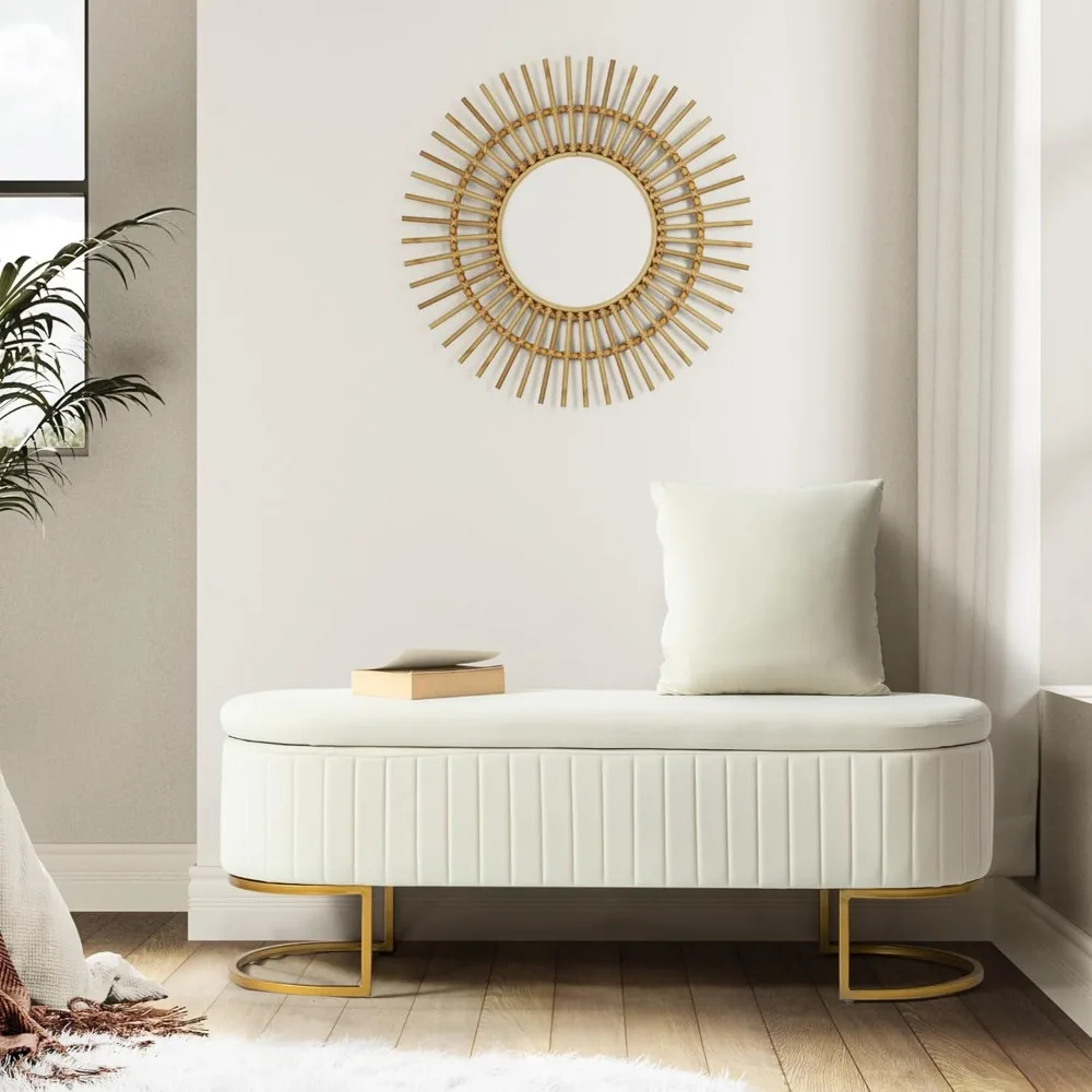 Velvet Storage Bench with 2 Additional Ottoman, Modern Upholstered Flip Top Long Storage Bench with Golden Metal