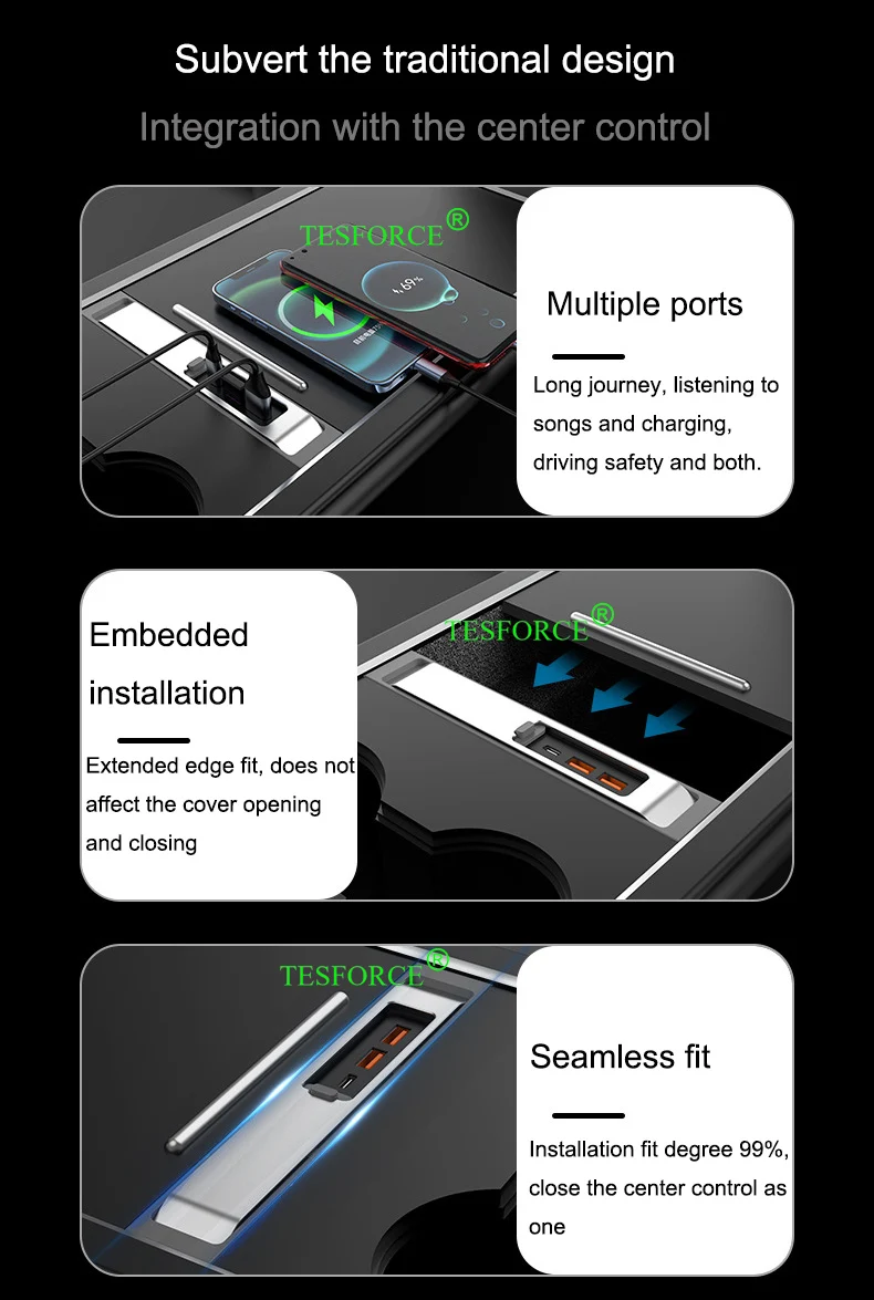 Estação de ancoragem inteligente para tesla, carregador rápido, usb tipo c, shunt hub, divisor de controle central, tesla modelo 3, y 2020-2023, 27w