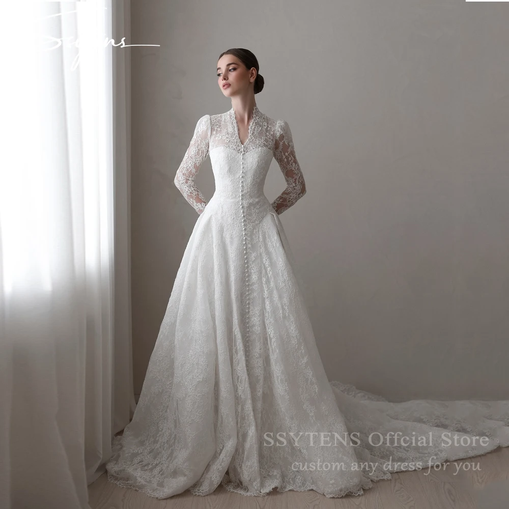 

SSYTENS Lace Wedding Dresses High Collar Long Sleeve A-line Bride Gowns Elegant Boho Bride Dresses vestidos de novia Customized