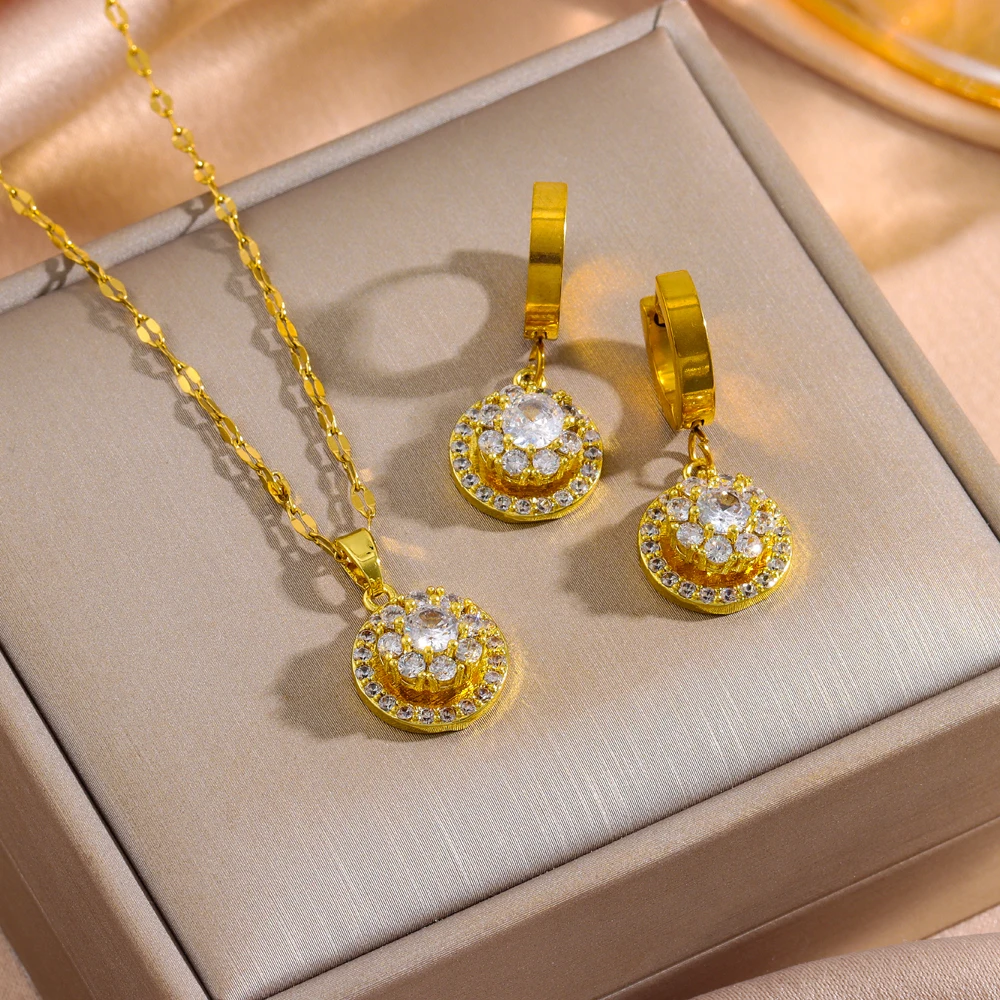 Süße, sexy, drehbare Zirkon-Kristall-Halskette, Ohrringe für Damen, Edelstahl-Schmuckset, weibliche Hochzeitsaccessoires