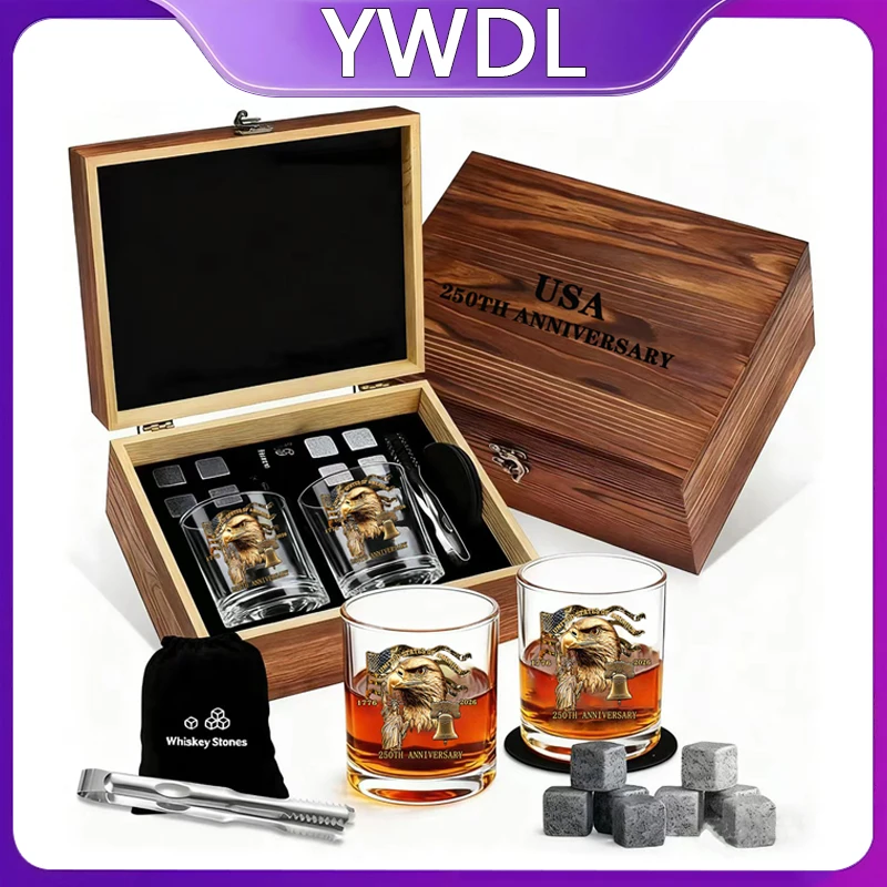 

1/2pcs America 250th Anniversary Whiskey Glass Cup With Wood Box Clear Scotch Bourbon Cocktail Wine Cup Party Beer Cup Gift Box