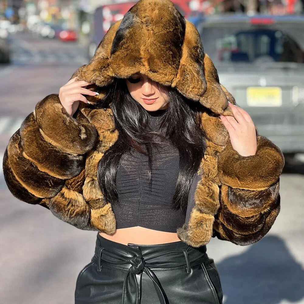 

Women New Fashion Short Real Rex Rabbit Fur Hood Jacket Chinchilla Coat Outwear New in coats women's clothing trend 2024