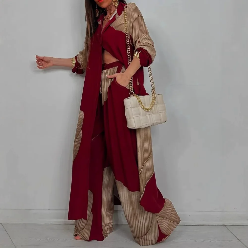 Setelan Wanita Motif Patchwork Musim Semi, Atasan Kerah Lapel Lengan Panjang Kancing Satu Baris, Celana Kaki Lebar Kasual Longgar, Setelan Dua Potong