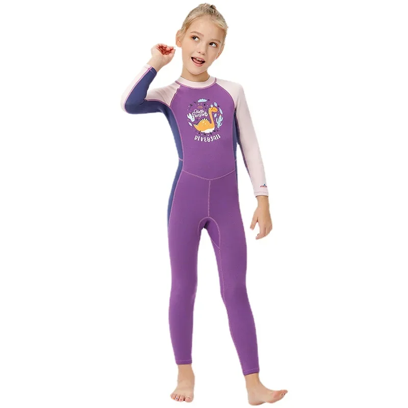 Girl's Warm Full Body Wetsuit Long-Sleeved Swimsuit, Surfing Purple Snorkeling Swimming Winter 2.5mm