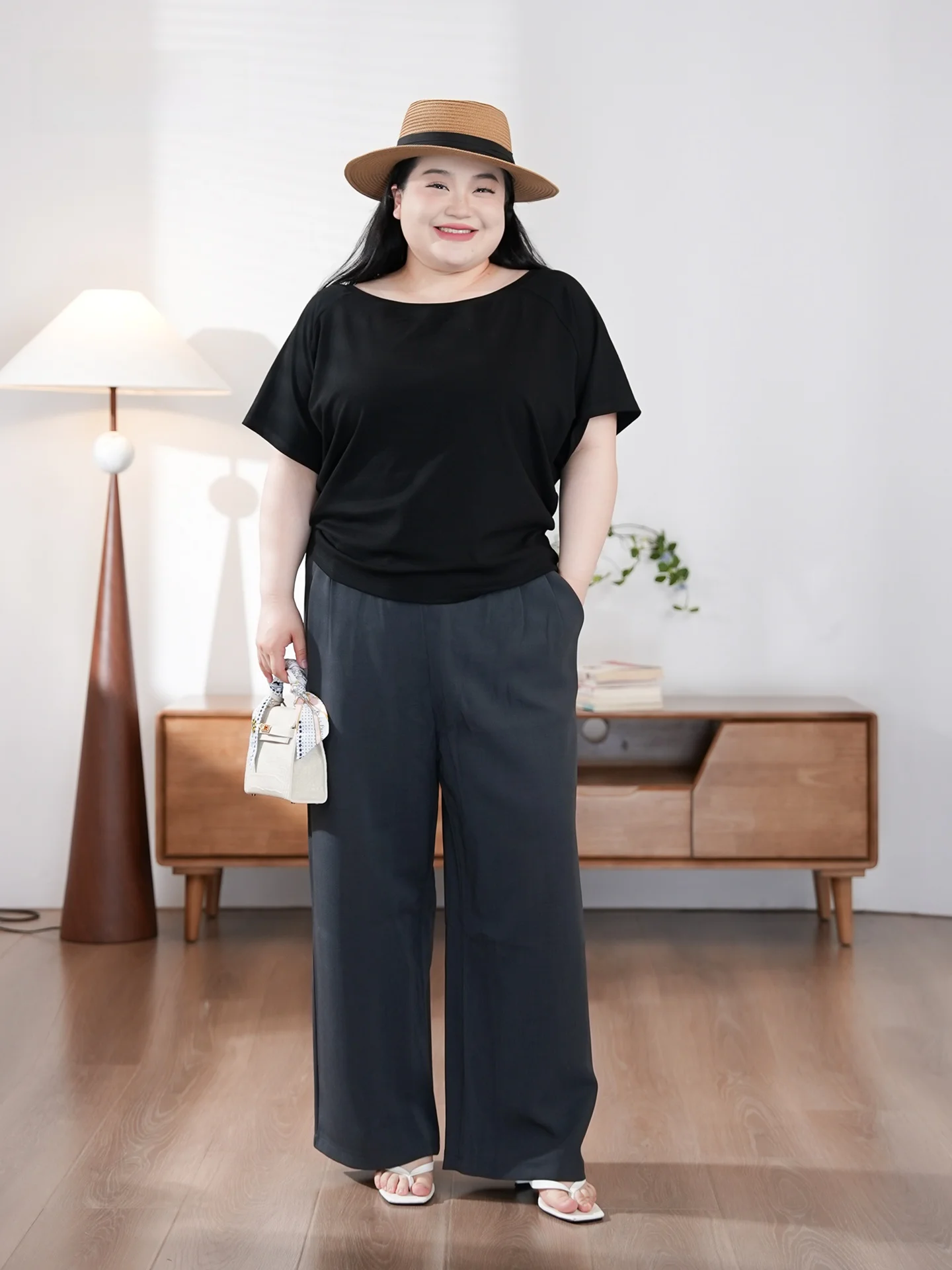 

Casual Lazy Style Drawstring Suit Pants plus Size Summer Leisure Fat MM Big Code Fuyin Boche High Waist Straight Leg Polyester