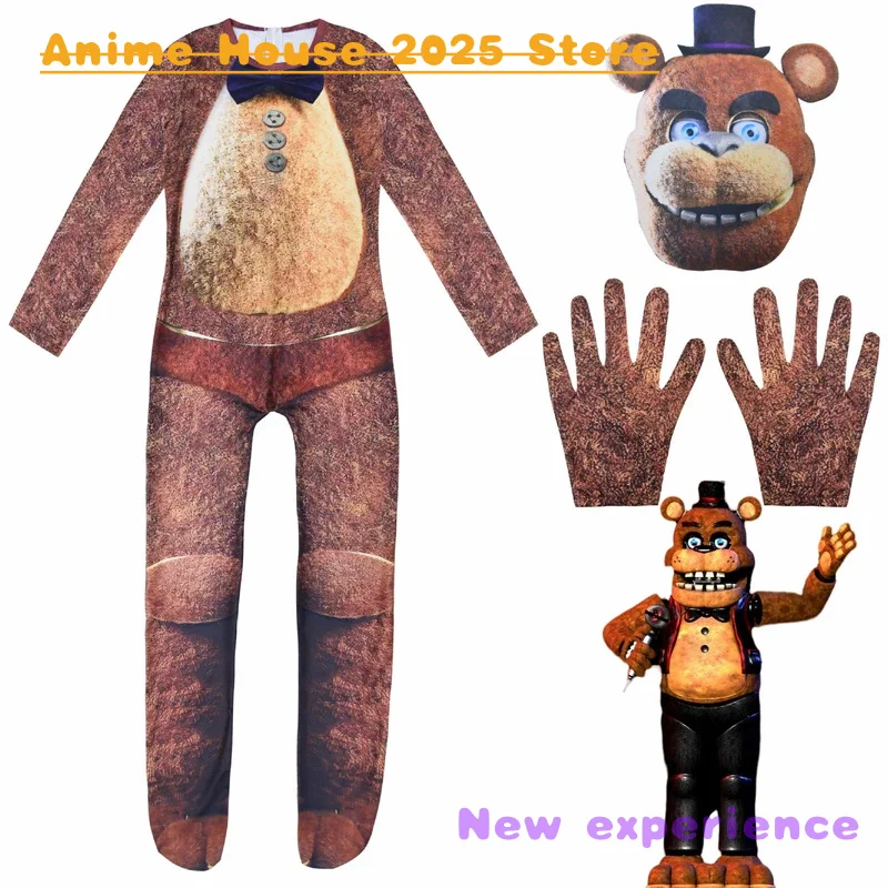 2025 traje de animação anime jogo cinco noite no freddy cosplay macacões crianças criança zentai máscara luva bodysuits festa carnaval