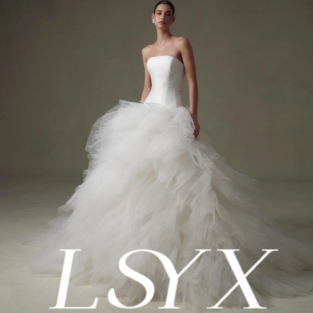 LSYX – Corset sans bretelles personnalisé, corsage en Satin, jupe en Tulle à volants, dos ouvert, à lacets, longue traîne, élégant et luxueux