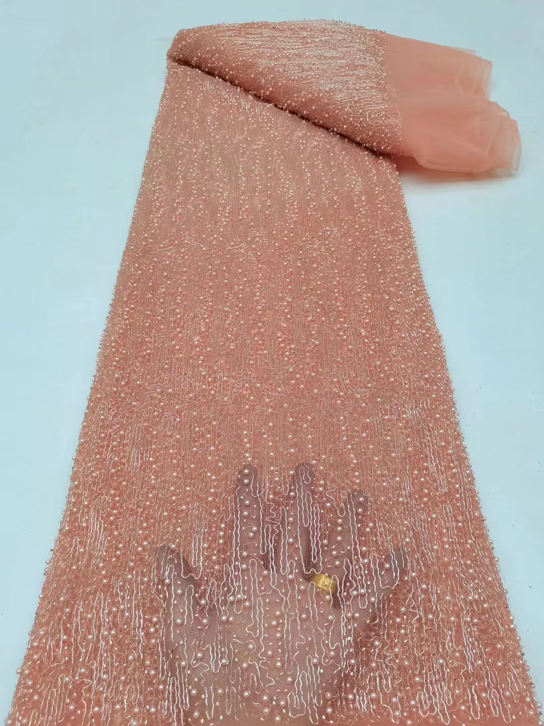 

Latest Beaded French Lace Fabric 2023 High Quality African Nigerian Tube Beads Tulle Lace Fabric For Wedding Party Dress KR2323